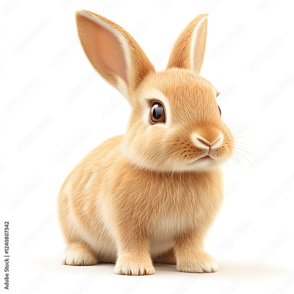 Fototapeta premium A cute, brown and cream-colored rabbit isolated on a white background, photorealistic and hyper-detailed. 