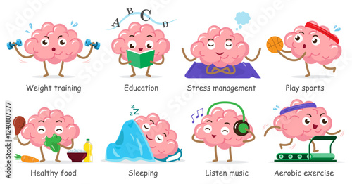 Healthy brain . Set of medical cartoon characters . Isolated white background . Vector .