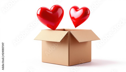 Two Red Hearts Appear From Open Cardboard Box