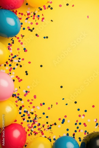 Colorful Balloons and Confetti on Bright Yellow Background