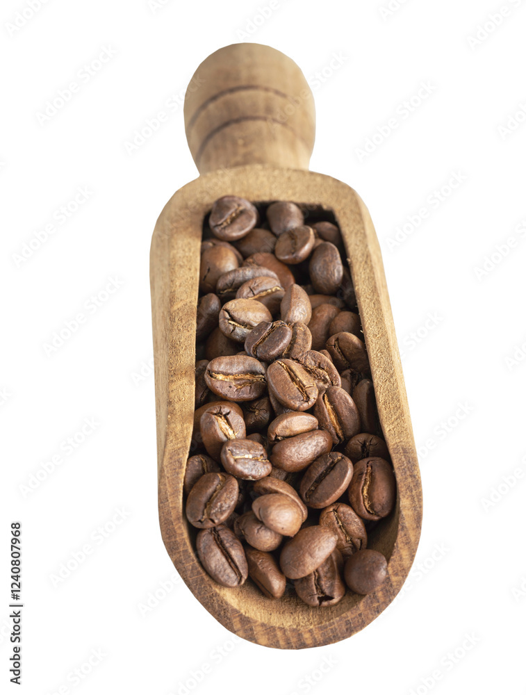 View of Roasted coffee beans on a rich textured surface in Wooden coffee scoop isolated on White background with clipping path. Enjoy your morning coffee for living, use it as your Space for text.