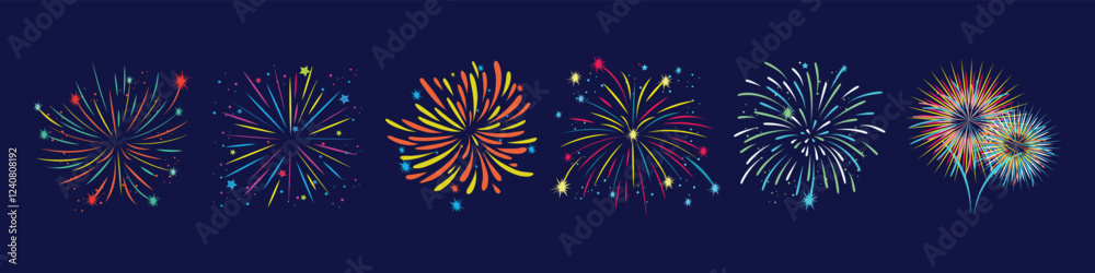 Vector decorative border with colorful exploding fireworks in the sky - celebration card, festival banner dark background