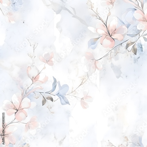 Elegant Watercolor Floral Design Pastel Pink and Blue Blossoms on Marble Background
