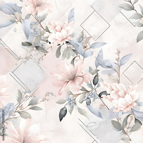 Elegant Watercolor Floral Pattern Pastel Pink Gray Flowers Geometric Marble Background Seamless