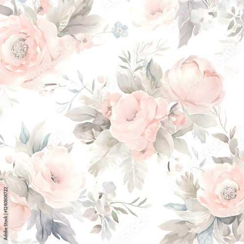 Watercolor Pastel Pink and Grey Roses Floral Seamless Pattern Design