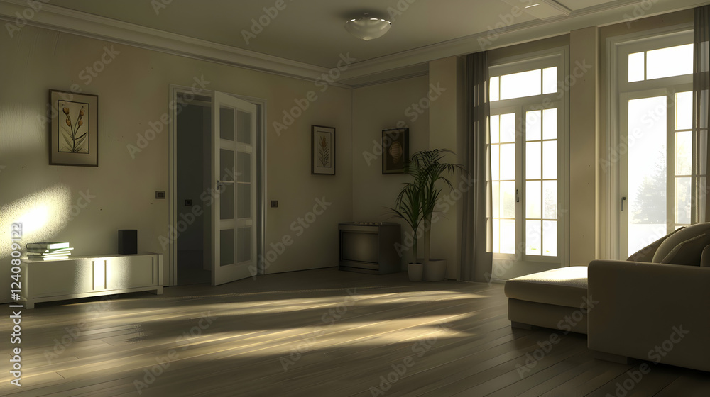 Bright and spacious living room with modern furniture, natural light streaming through windows Bright and spacious living room with modern furniture, natural light streaming through windows