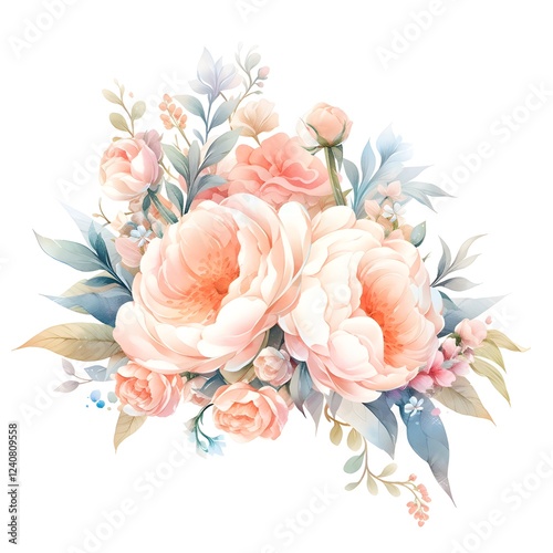 Elegant Peach and Blush Floral Bouquet Watercolor Roses and Greenery Wedding Invitation Design