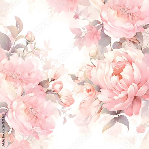 Elegant Pastel Pink Peonies and Roses Floral Watercolor Design for Wedding Greeting Cards and