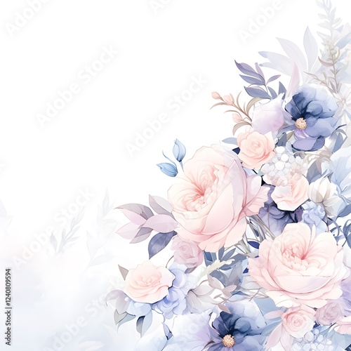 Elegant Watercolor Floral Arrangement Pastel Roses Hydrangeas and Blue Flowers Corner Design