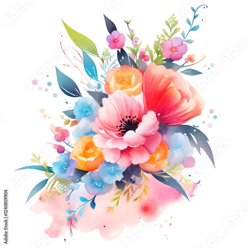 Vibrant Watercolor Floral Bouquet Pink Orange Blue Flowers Artistic Painting
