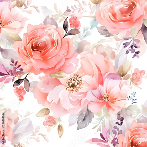 Watercolor Peach and Pink Floral Seamless Pattern Romantic Blossom Design Botanical Wedding Texture