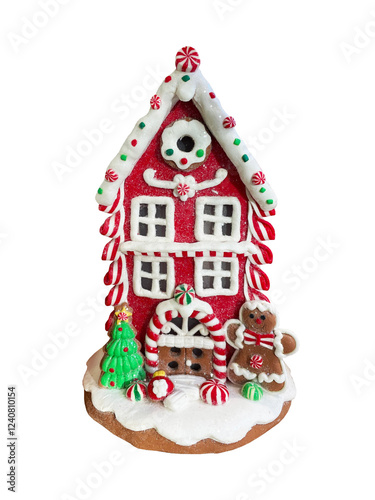 Christmas gingerbread red house figurine isolated on white