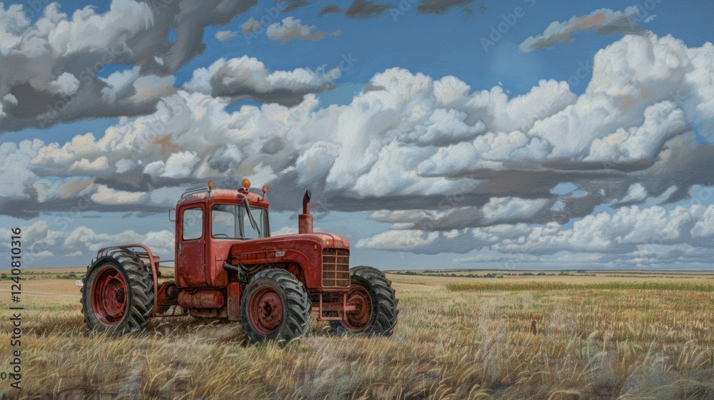 Fototapeta premium A bright red tractor working in a farm field under a cloudy sky.