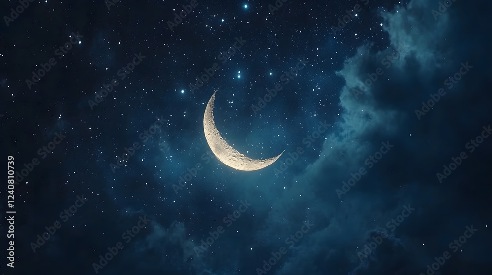 Fototapeta premium Serene Night Sky Crescent Moon Stars and Cloudscape at Night