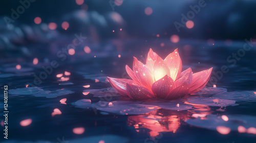 Glowing lotus flower floating on water, with petals reflecting light and surrounded by magical energy. The background is dark blue, meditation, serenity and spirituality concept photo