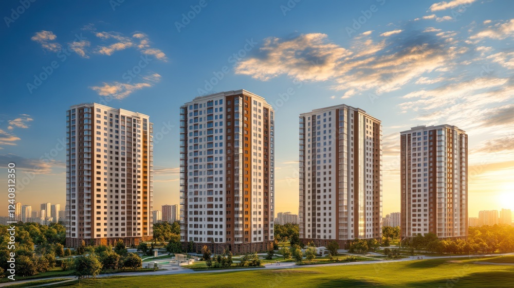 Fototapeta premium Sunset cityscape Apartment complex, city view, real estate