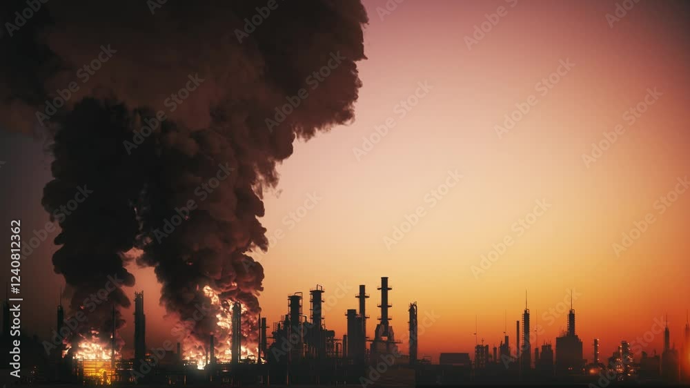 Explosion at an oil refinery. Oil refinery with smoke. Massive fire explosion at gas refinery. Industrial factory fire
