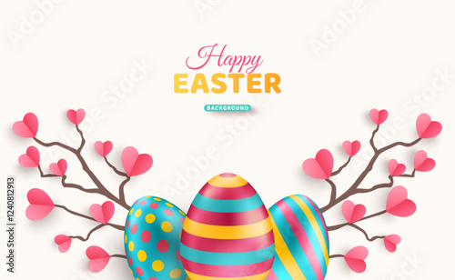Happy Easter banner with ornate eggs and paper cut cherry tree branch, white background. Vector illustration. Place for text. Greeting card design, invitation template. Heart leaves, pink flowers