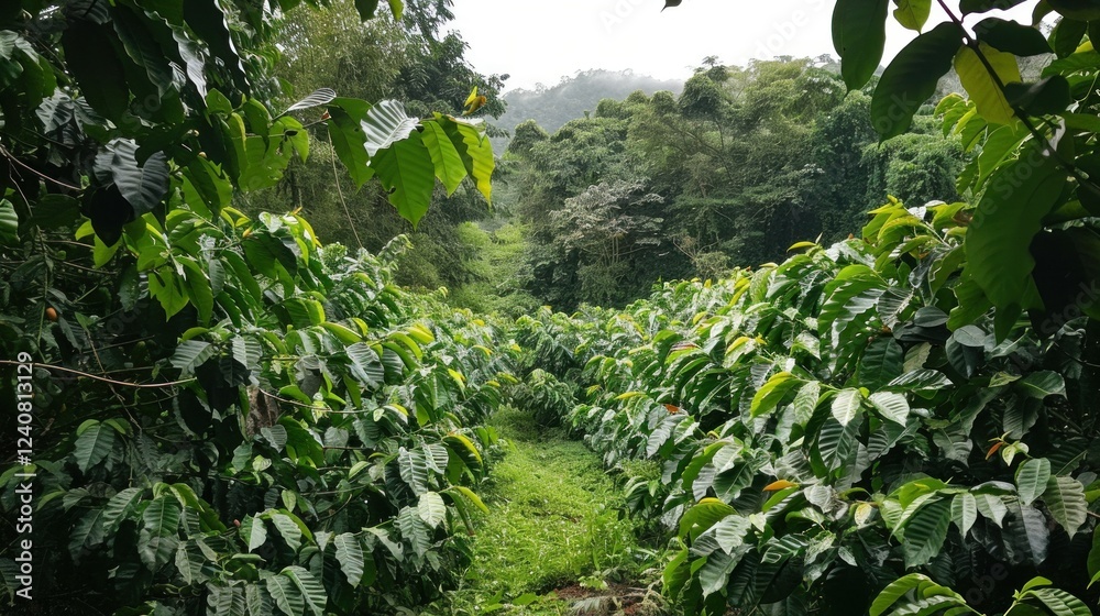 Fototapeta premium A farmer picking coffee beans in a lush green coffee plantation.