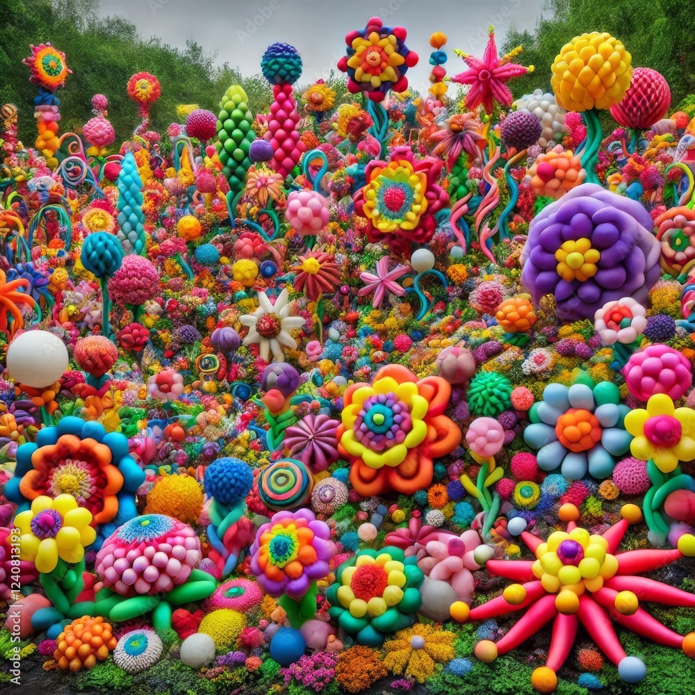 Fototapeta premium A vibrant, whimsical landscape is depicted, seemingly crafted from countless colorful balloons arranged to resemble a fantastical garden 