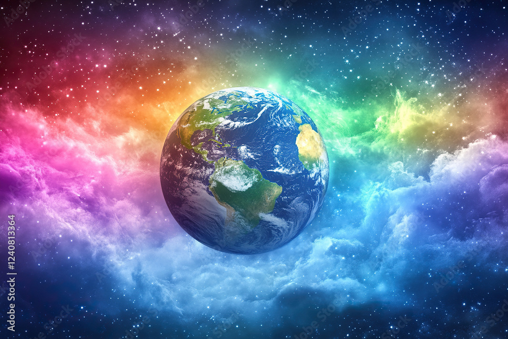 Rainbow shell around planet earth. Stars and clouds in the background. Fantastic image Rainbow shell around planet earth. Stars and clouds in the background. Fantastic image