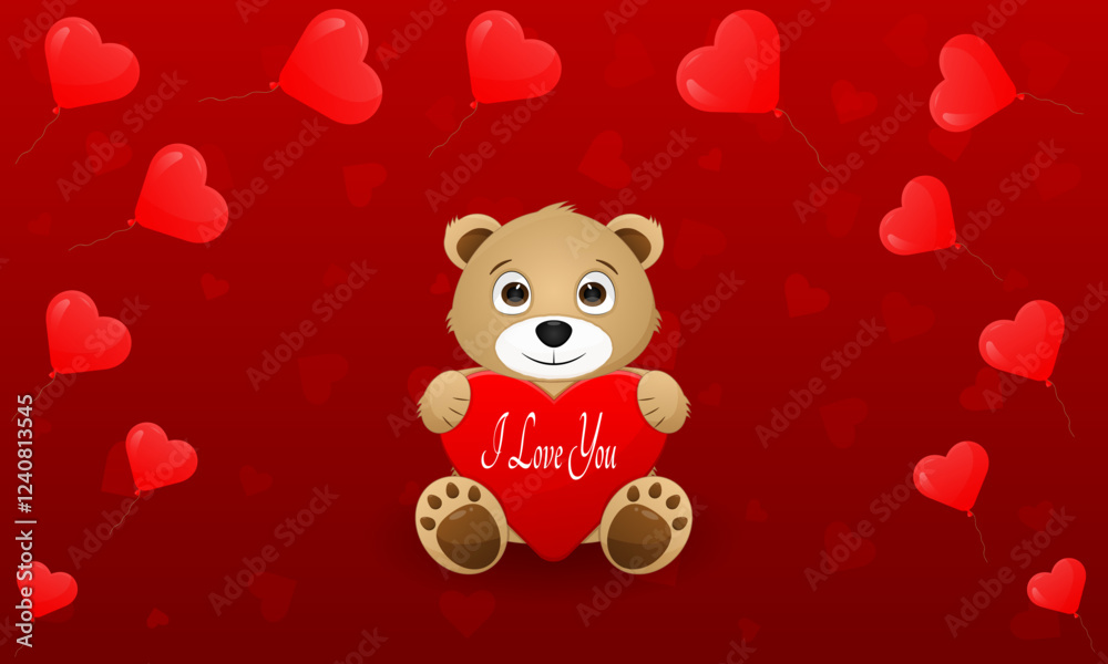 Naklejka premium Cute bear holding heart with text on a red background with floating hearts for Valentines Day celebration