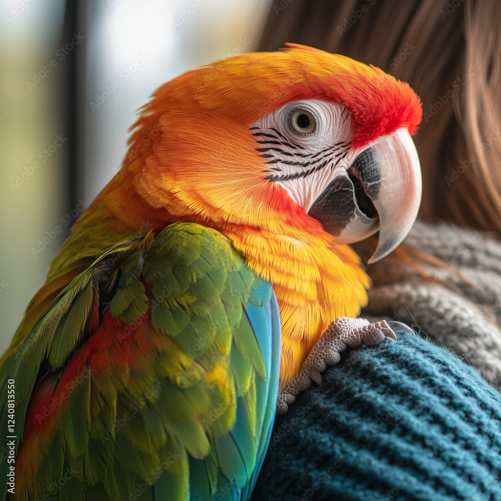 Fototapeta premium Vibrant macaw parrot perched on shoulder in soft light.