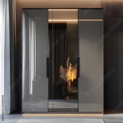 Modern glass wardrobe showcasing elegant design with soft lighting in a contemporary living space. Generative AI