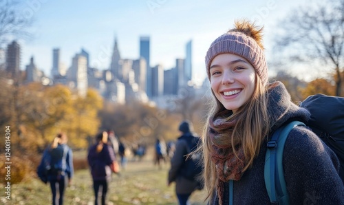 Smiling Traveler in Central Park, NYC Skyline in Background