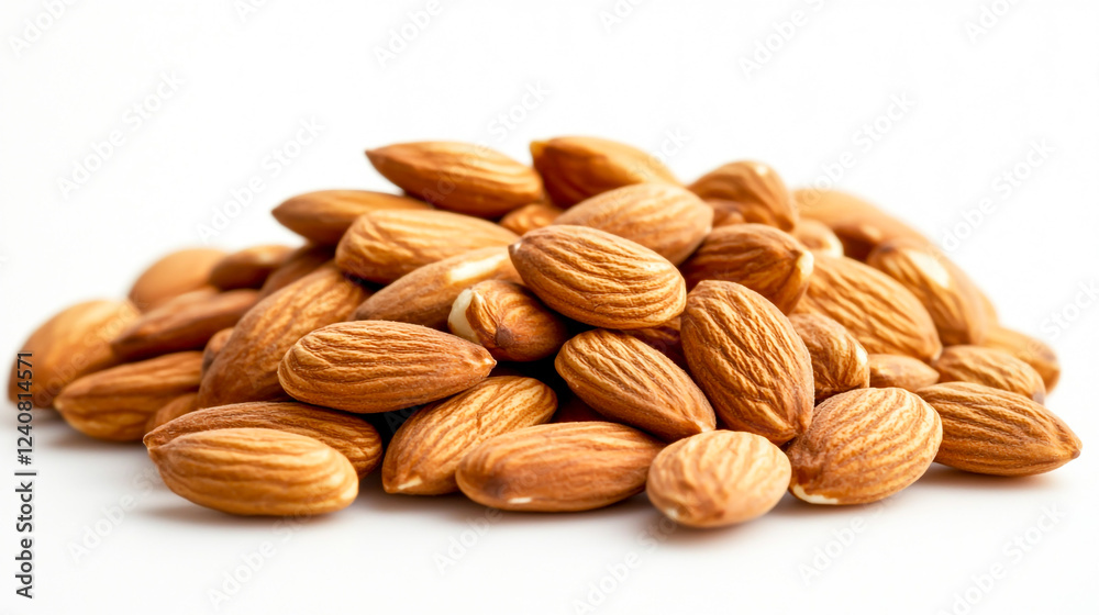 Pile of almonds heaped together, isolated on a white background Pile of almonds heaped together, isolated on a white background
