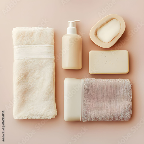 generative ai, 생성형, 인공지능, skincare, minimalist design, towels, lotion, beauty products, contemporary style, aesthetic layout, modern design, cleanliness, wellness, self-care, simplicity, branding, pac photo