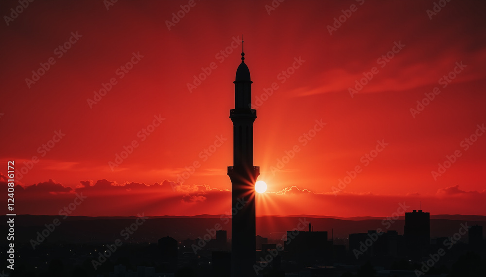 Obraz premium Silhouetted minaret at sunset during Ramadan, symbol of solitude