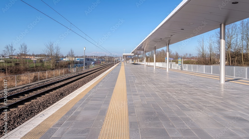 Modern train platform, sunny day, rural background, transport hub Modern train platform, sunny day, rural background, transport hub