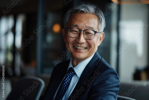 close up horizontal portrait image of a happy asian businessman laughing at the office
