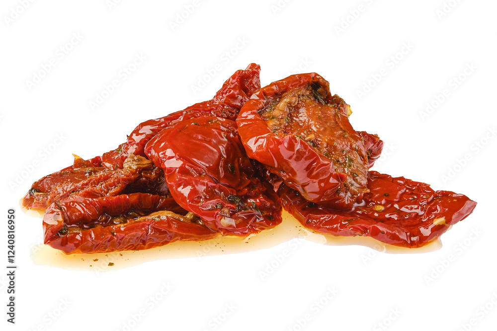 Sun-dried tomatoes piled on a white surface ready for cooking or snacking Sun-dried tomatoes piled on a white surface ready for cooking or snacking