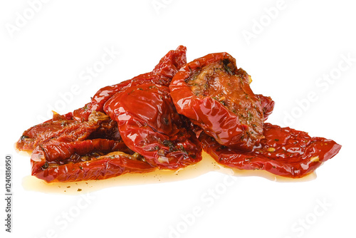 Sun-dried tomatoes piled on a white surface ready for cooking or snacking