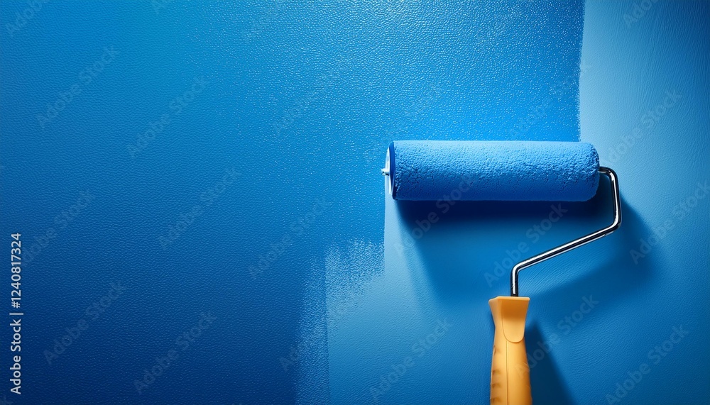 Obraz premium painting a bright blue wall with a roller