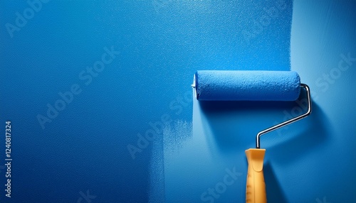 painting a bright blue wall with a roller