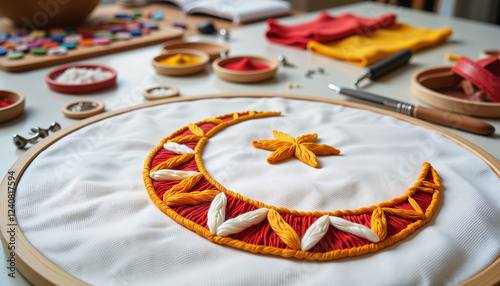 Detailed embroidery of crescent and star motif in bright workshop, artistic creation photo