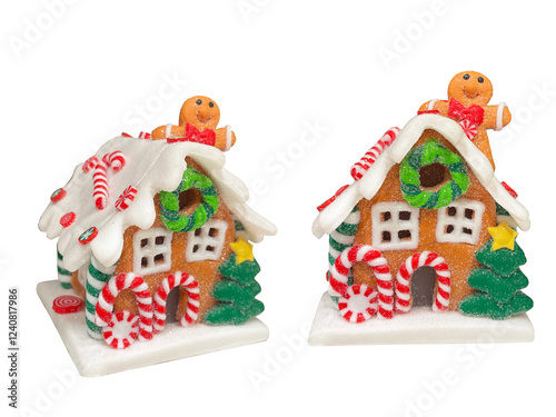 Christmas gingerbread house, plastic figurine isolated on white