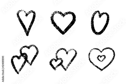 Crayon heart shapes with chalk texture set. Black sketched romantic symbols - single outlined, paired overlapping, nested designs. Hand drawn love elements for Valentine cards or romantic messages.
