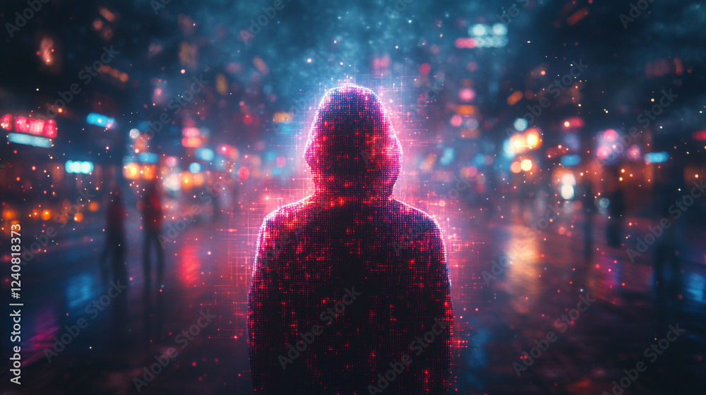 Fototapeta premium Mysterious Digital Hacker in Neon City Night Abstract Background red blue glow dark code data urban 