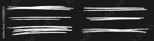 White crayon line strokes on dark background - rough parallel marks with chalk texture. Hand drawn underlines set for highlighting, borders, text divider or grunge decoration elements.