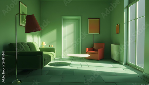 Modern green living room with stylish furniture and soft lighting, creating a cozy atmosphere