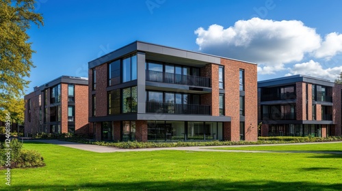 Modern brick apartments, sunny lawn, trees, blue sky, real estate