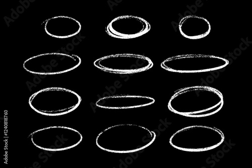 Crayon highlight chalk circles set with white gritty strokes on black background. Oval outlines with rough texture and layered edges. Hand drawn shapes with scratchy marks for pointing of important.