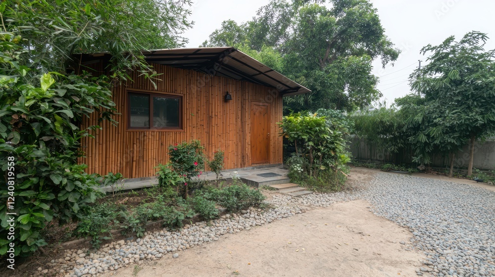 Bamboo House Exterior Surrounded by Lush Greenery and Rainwater Management System Bamboo House Exterior Surrounded by Lush Greenery and Rainwater Management System