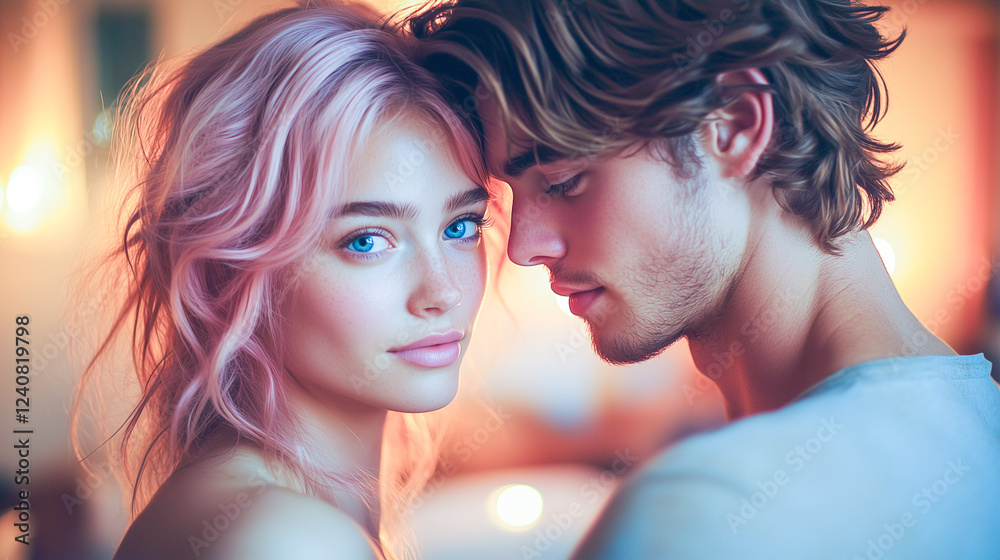 Couple enjoying a tender moment together in a softly lit intimate setting Couple enjoying a tender moment together in a softly lit intimate setting