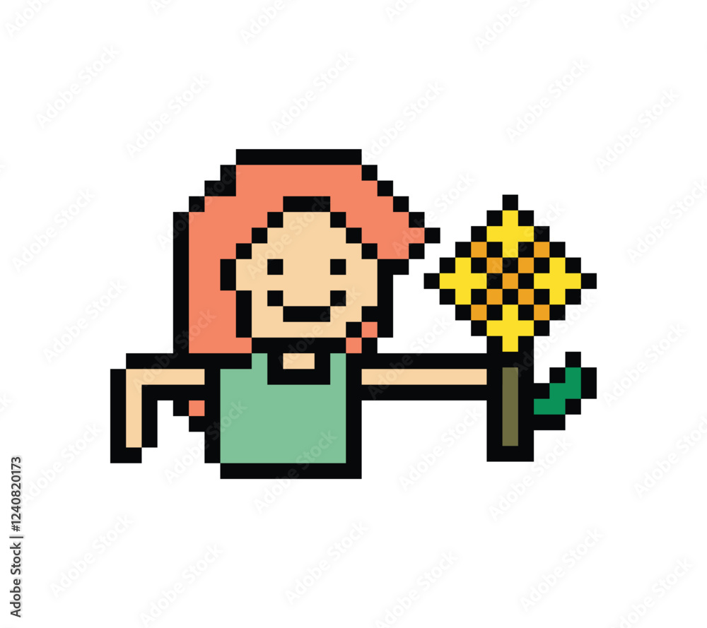 Obraz premium Cute pixel cartoon 8bit character woman give flower gift birthday surprise reward present decoration 8 bit female girl give gift flower valentines day game png vector.