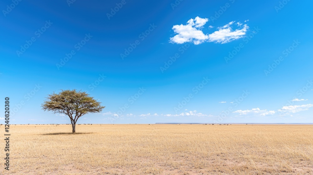Fototapeta premium Lone acacia tree in African savanna under blue sky; wildlife in distance; travel poster